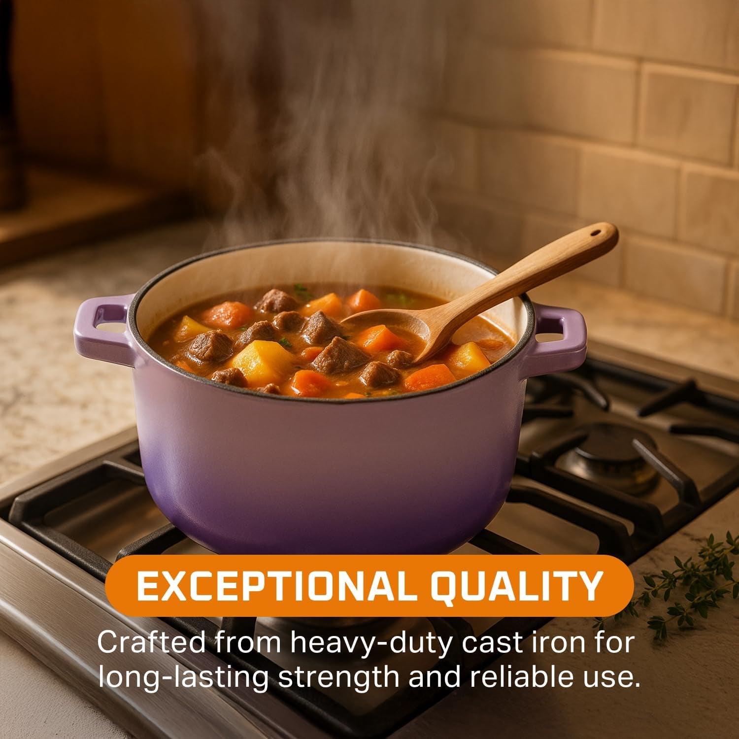 2-In-1 Enamel Cast Iron Dutch Oven with Handles - Crock Pot Purple Cast Iron Pot with Skillet Lid - All-In-One Cookware Braising Pan for Casserole Dish - 5 Quart, Purple