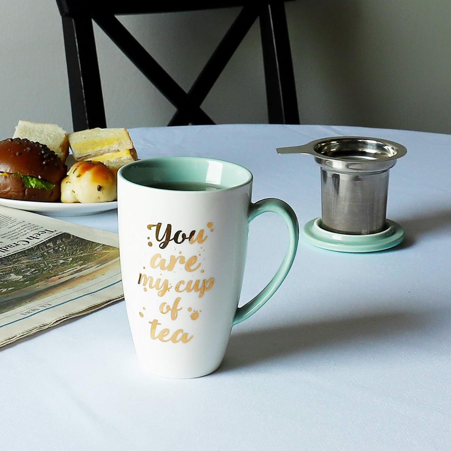 205.109 Porcelain Tea Mug with Infuser and Lid - Tea Cup with Strainer for Loose Leaf Tea or Coffee, 15 OZ, Mint Green