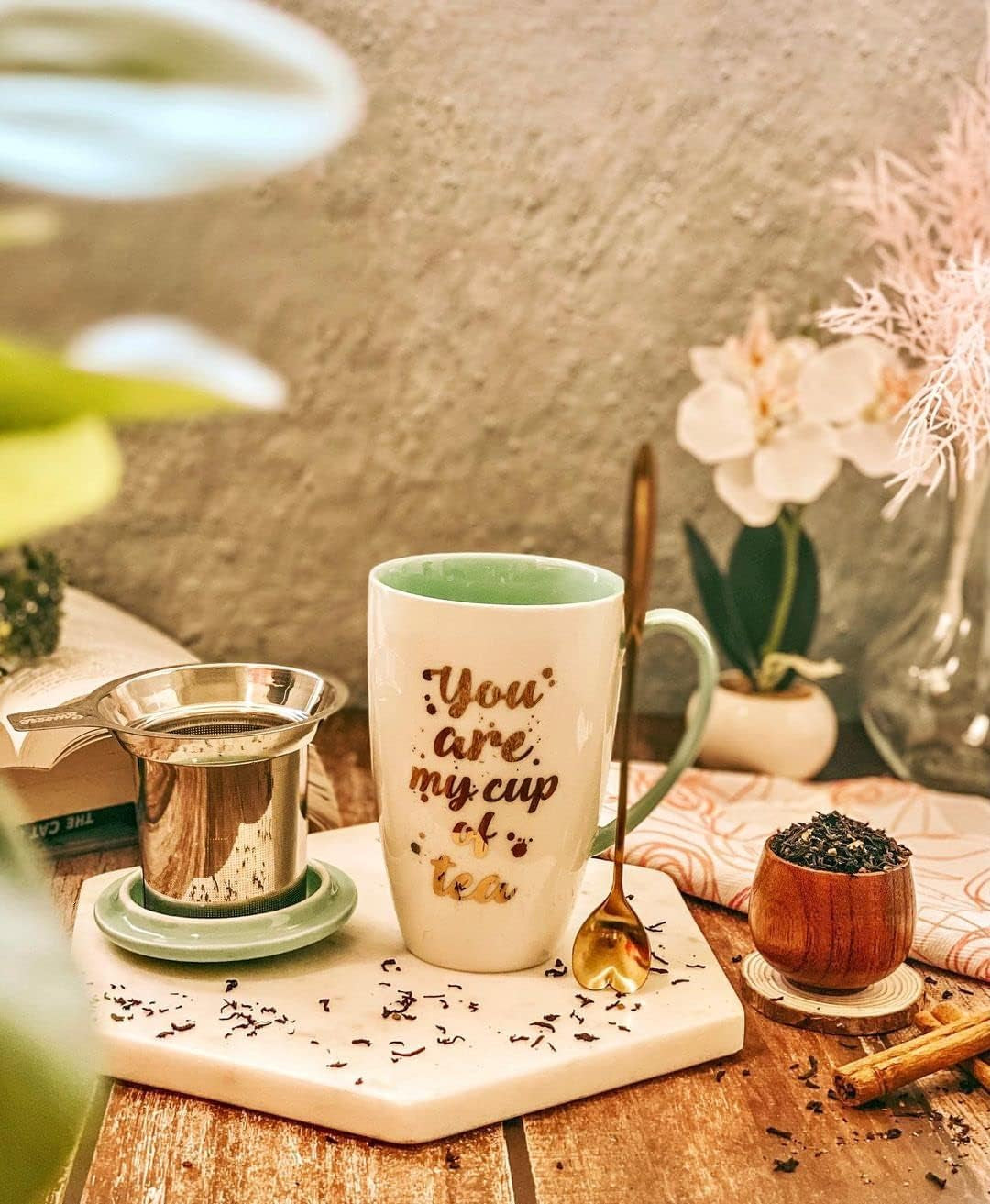 205.109 Porcelain Tea Mug with Infuser and Lid - Tea Cup with Strainer for Loose Leaf Tea or Coffee, 15 OZ, Mint Green