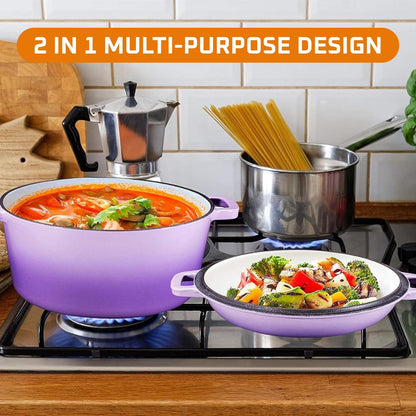 2-In-1 Enamel Cast Iron Dutch Oven with Handles - Crock Pot Purple Cast Iron Pot with Skillet Lid - All-In-One Cookware Braising Pan for Casserole Dish - 5 Quart, Purple