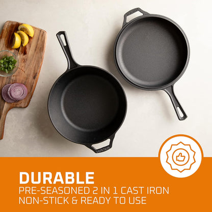 Cast Iron Skillet - 3 Quart Pre-Seasoned Cast Iron Dutch Oven - Deep Pot with Handle and Frying Pan Bundle - Kitchen Cookware for Indoor or Outdoor Camping