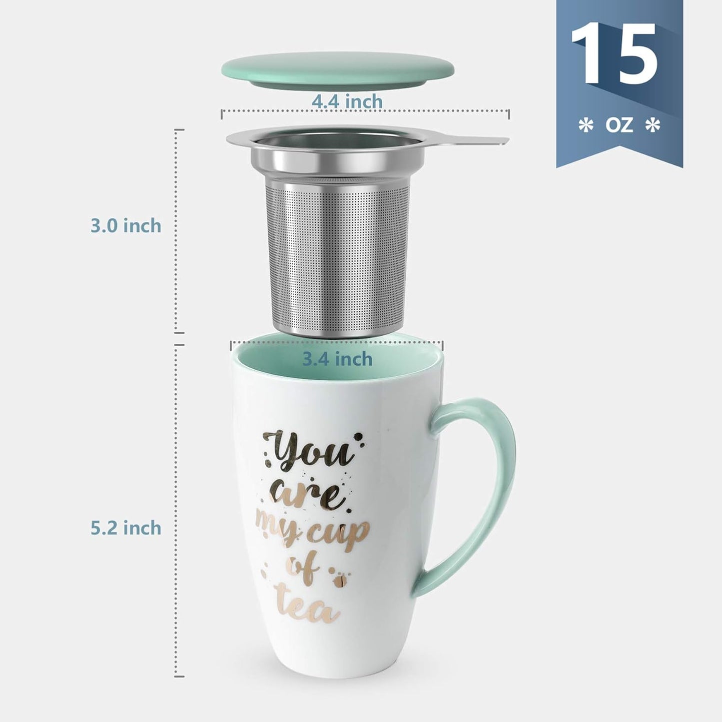 205.109 Porcelain Tea Mug with Infuser and Lid - Tea Cup with Strainer for Loose Leaf Tea or Coffee, 15 OZ, Mint Green