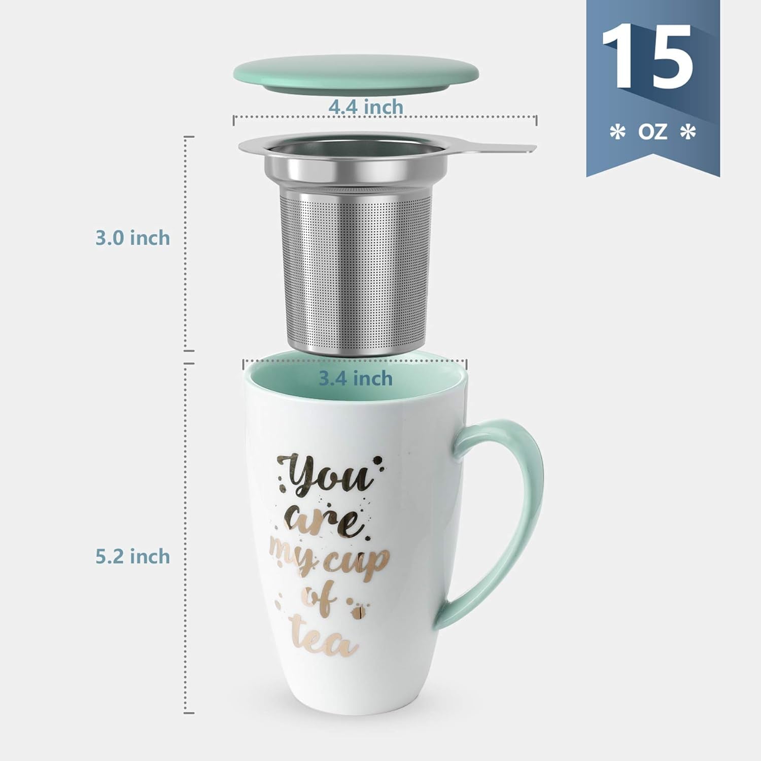 205.109 Porcelain Tea Mug with Infuser and Lid - Tea Cup with Strainer for Loose Leaf Tea or Coffee, 15 OZ, Mint Green