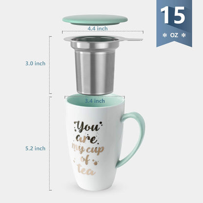 205.109 Porcelain Tea Mug with Infuser and Lid - Tea Cup with Strainer for Loose Leaf Tea or Coffee, 15 OZ, Mint Green