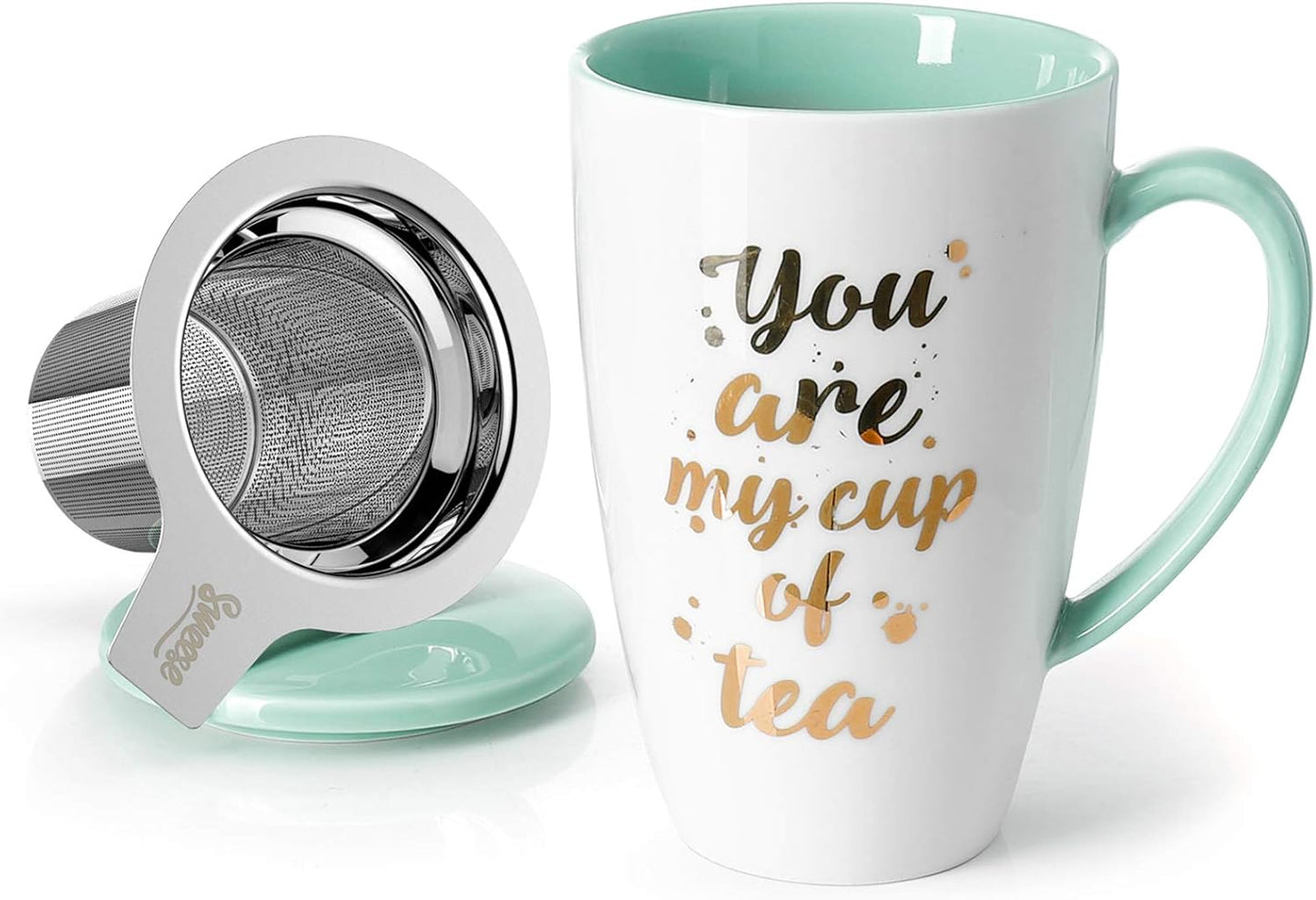 205.109 Porcelain Tea Mug with Infuser and Lid - Tea Cup with Strainer for Loose Leaf Tea or Coffee, 15 OZ, Mint Green