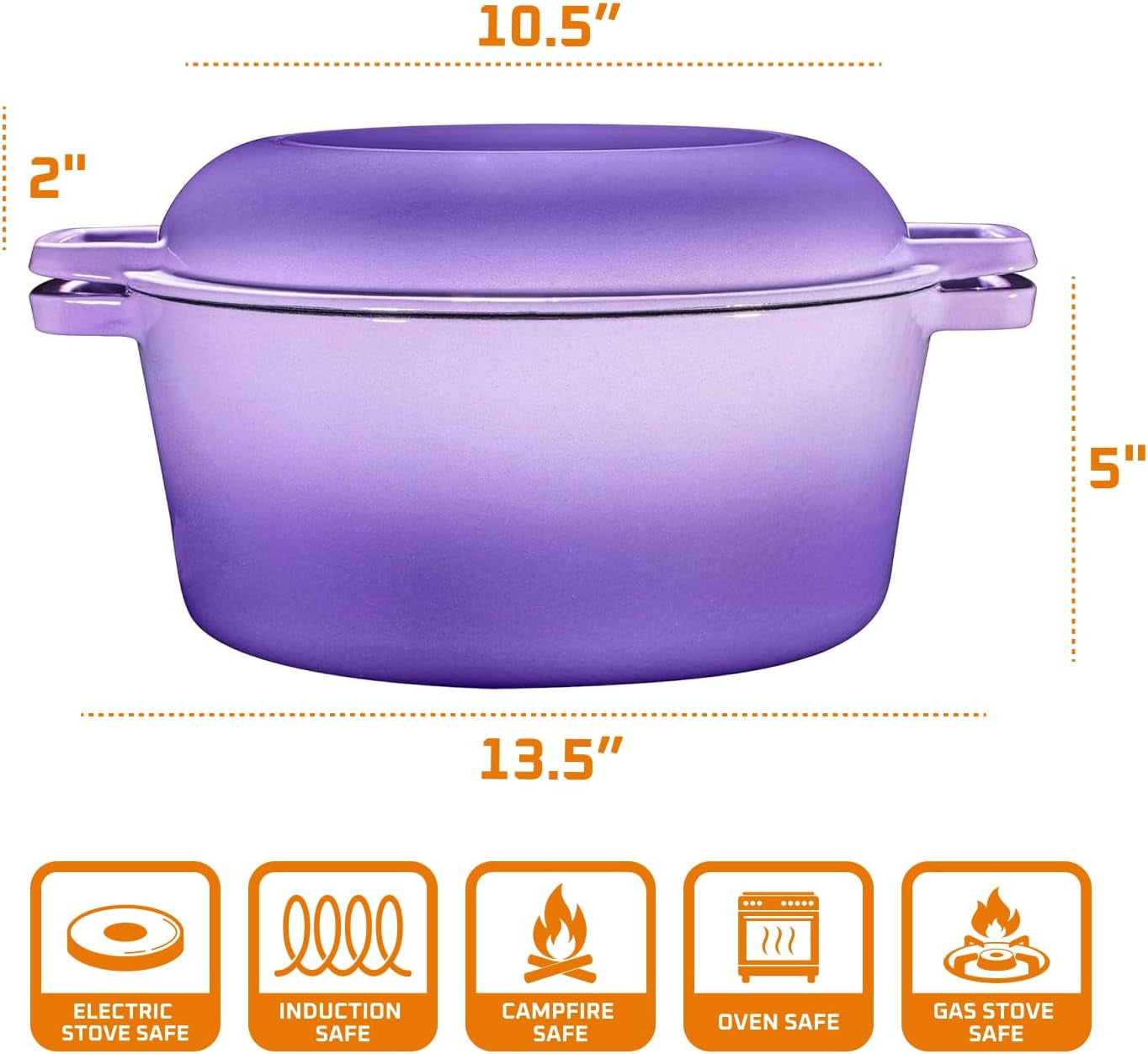 2-In-1 Enamel Cast Iron Dutch Oven with Handles - Crock Pot Purple Cast Iron Pot with Skillet Lid - All-In-One Cookware Braising Pan for Casserole Dish - 5 Quart, Purple