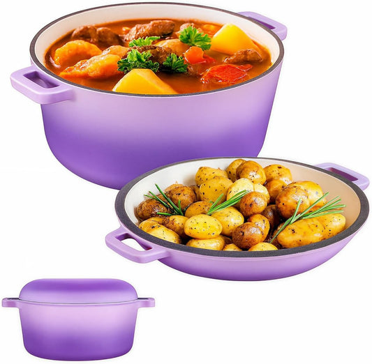 2-In-1 Enamel Cast Iron Dutch Oven with Handles - Crock Pot Purple Cast Iron Pot with Skillet Lid - All-In-One Cookware Braising Pan for Casserole Dish - 5 Quart, Purple